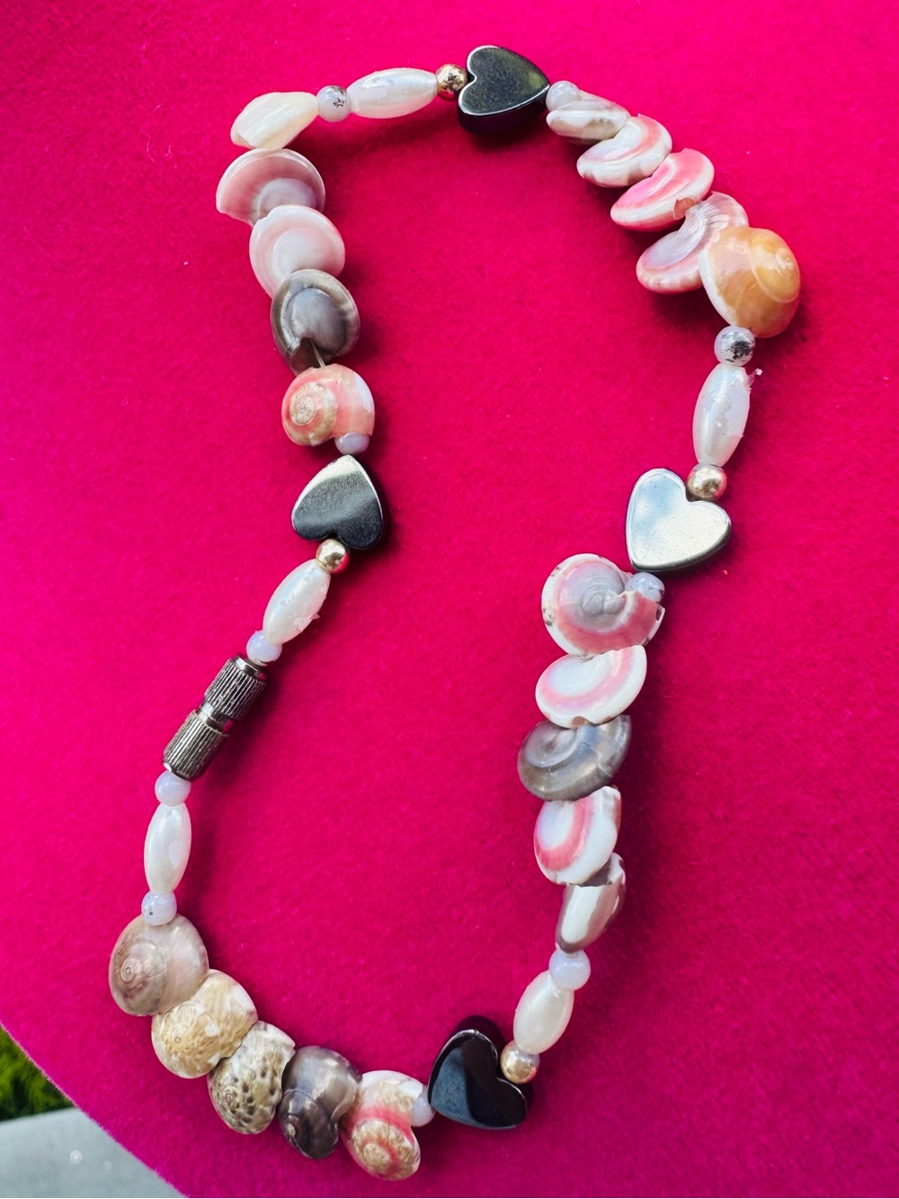 Handmade Pink Shell & Hematite Heart Necklace